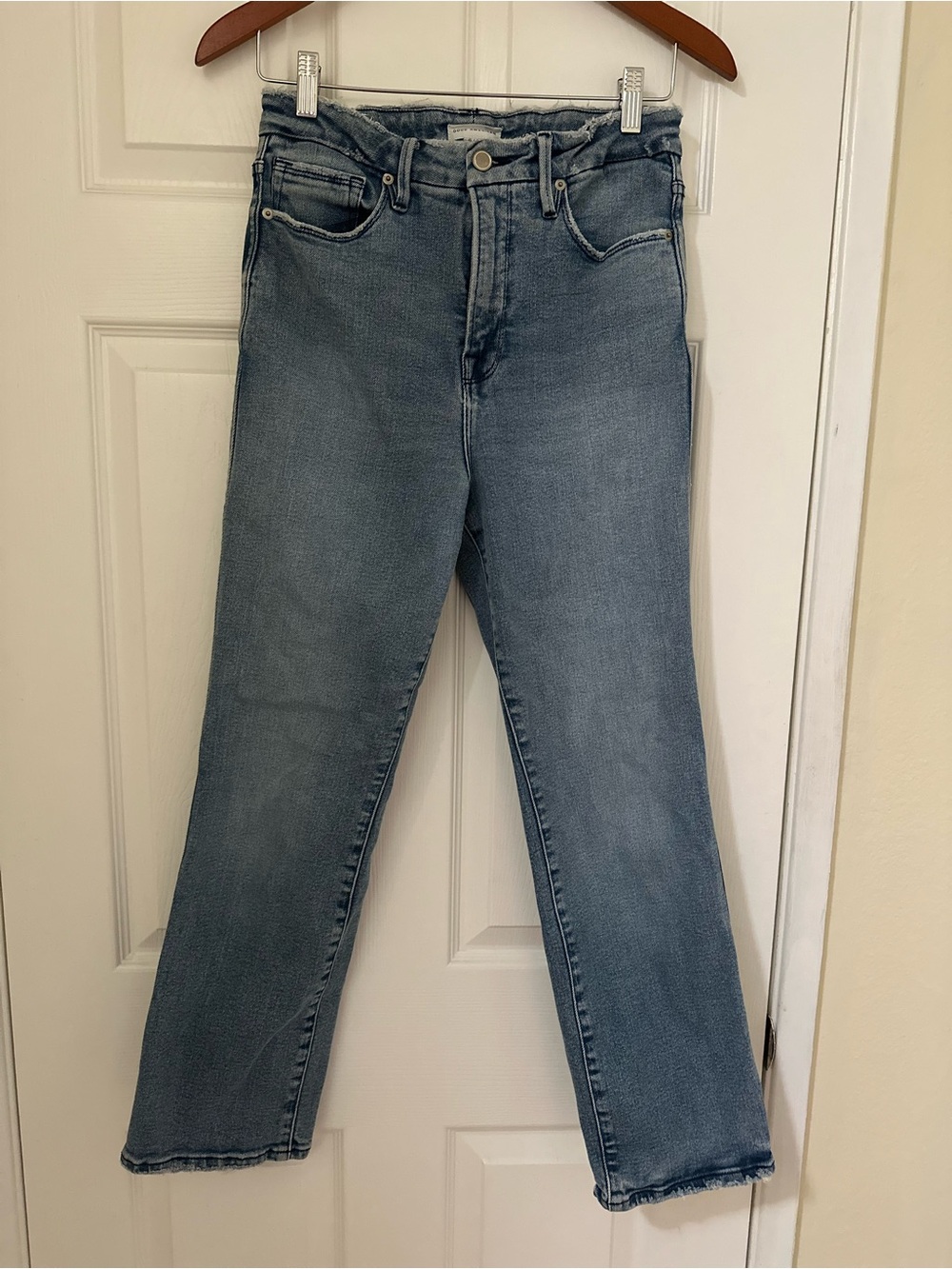 Good American Good Legs Straight Jeans Sz 6/28 Blue High Rise Fray Hem $118 MSRP
